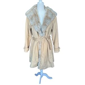 Vintage Fur-Lined & Trim Tan Coat 1970's Hooded